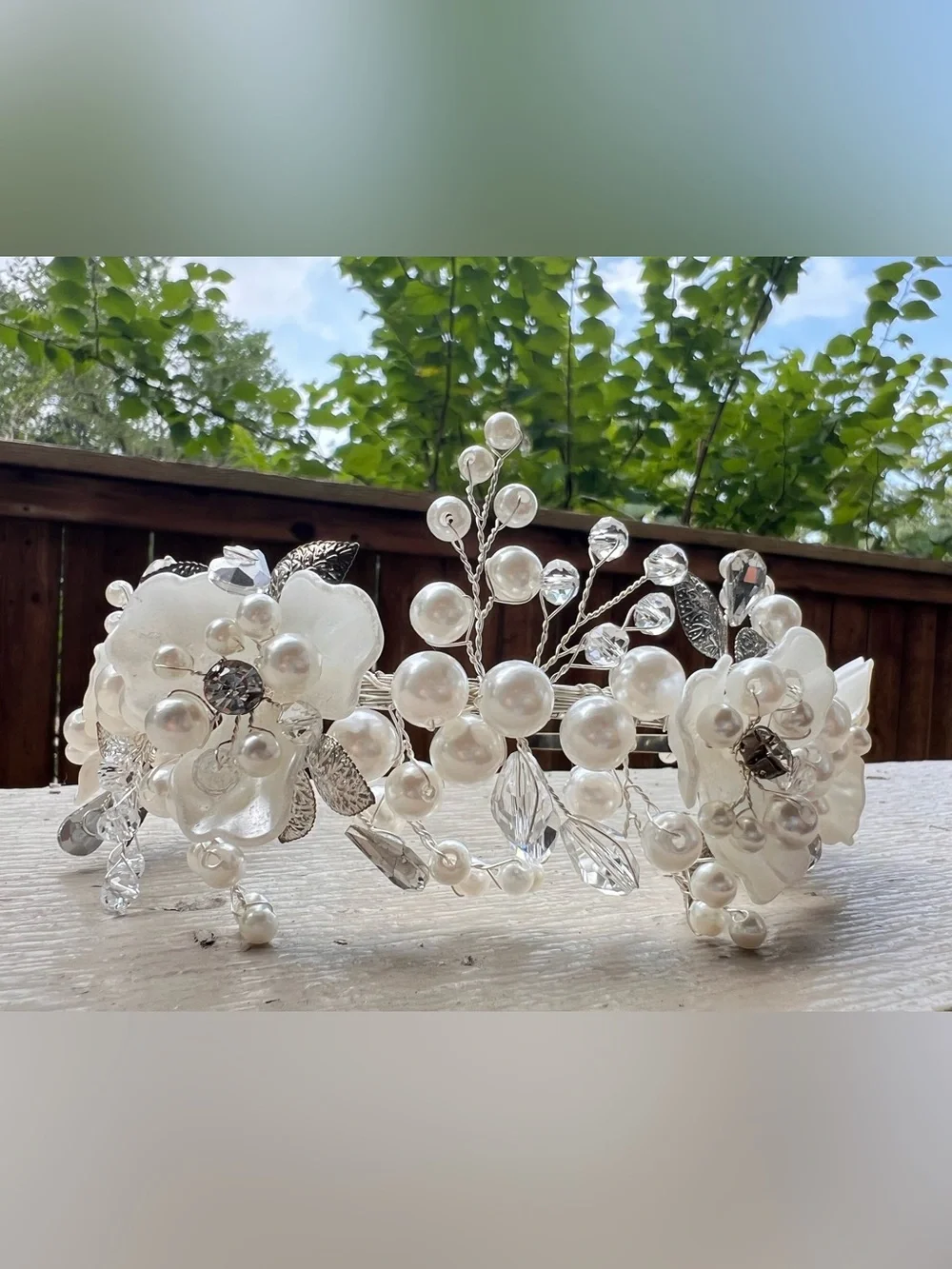 NIB Bridal Pearl Crystal Floral Headband Wedding Hair Crown Tiara White Silver